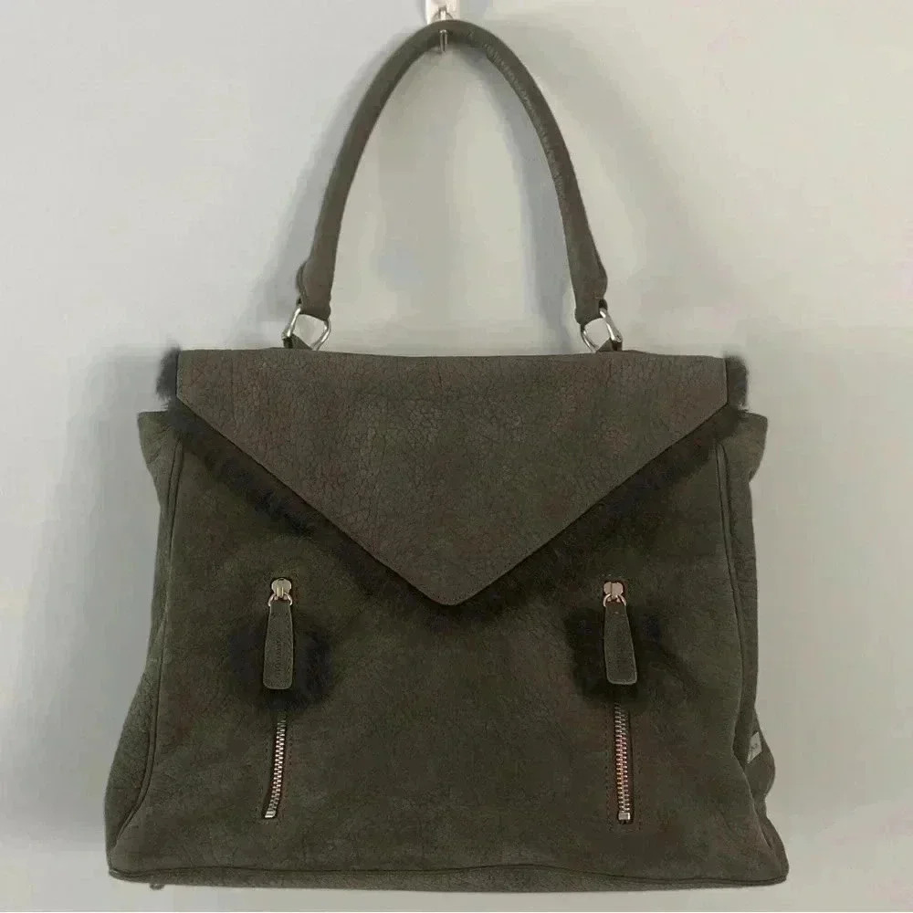 RomyGold Gray Leather Handbag With Gray Fur‎ Trim
